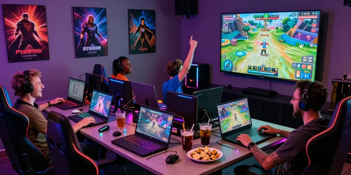 Engaged gamers playing free sex games online in a vibrant lounge