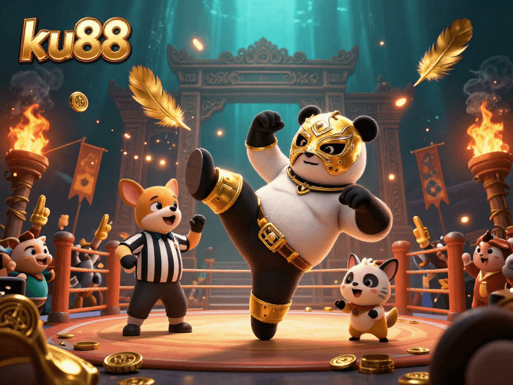 Experience the excitement of ku88 as a panda wrestler kicks off in a dynamic casino scene filled with action.