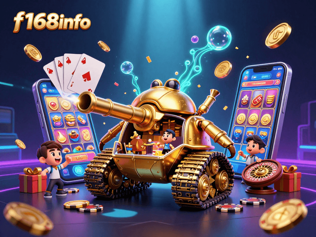 Experience exciting gameplay with f168info, showcasing a golden beetle tank casino bursting with games and treasures.