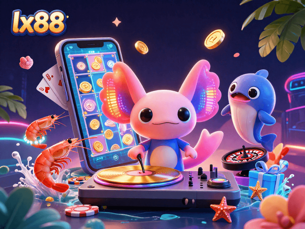 Experience thrilling games at lx88 with a vibrant 3D scene featuring a colorful DJ and slot game elements.