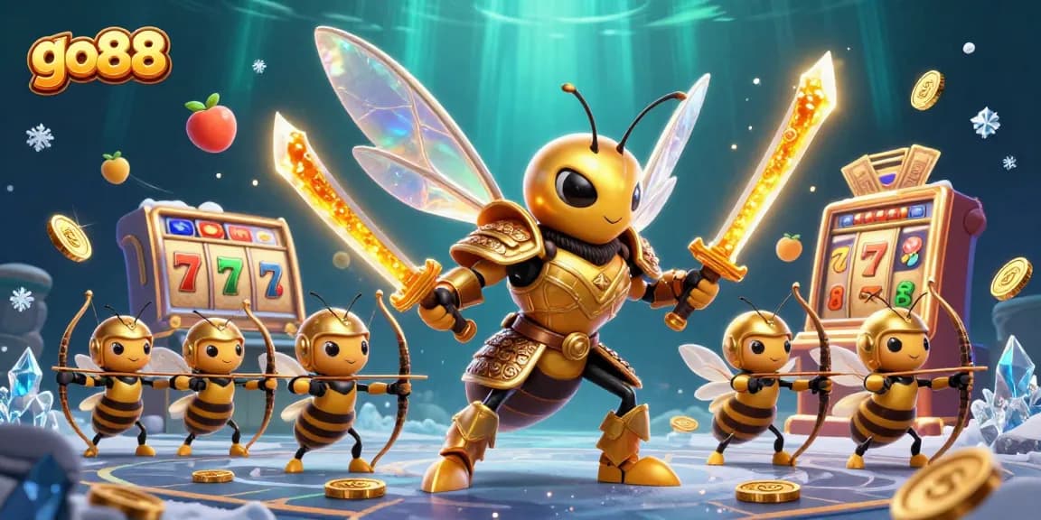Experience the excitement at go88 with a vibrant 3D illustration of casino elements and characters.