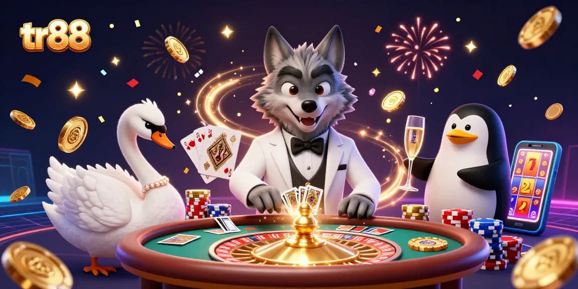 Experience the excitement of tr88 with a lively casino scene featuring a debonair wolf and elegant characters.