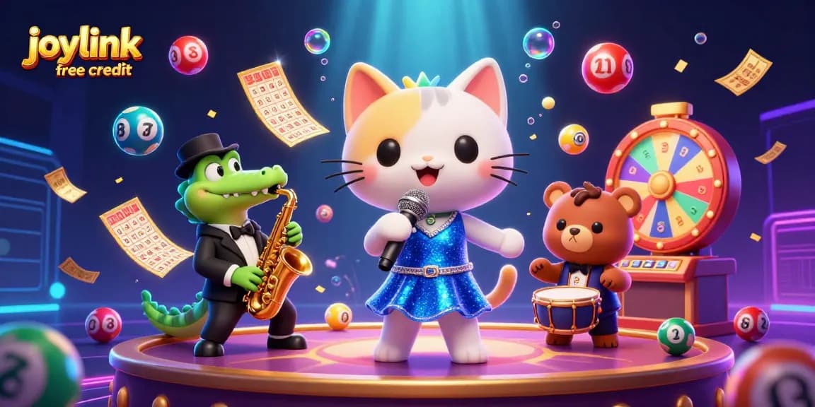 Win big with joylink free credit in a vibrant casino scene featuring a jazzy trio.