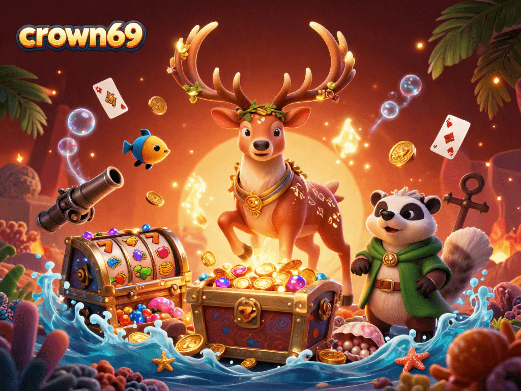 Crown69 engages players with vibrant visuals featuring a druid stag amidst casino gems and treasures.