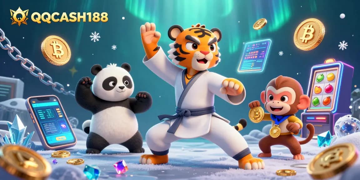 Join the excitement of QQCASH188 with fun characters in a vibrant 3D casino scene.