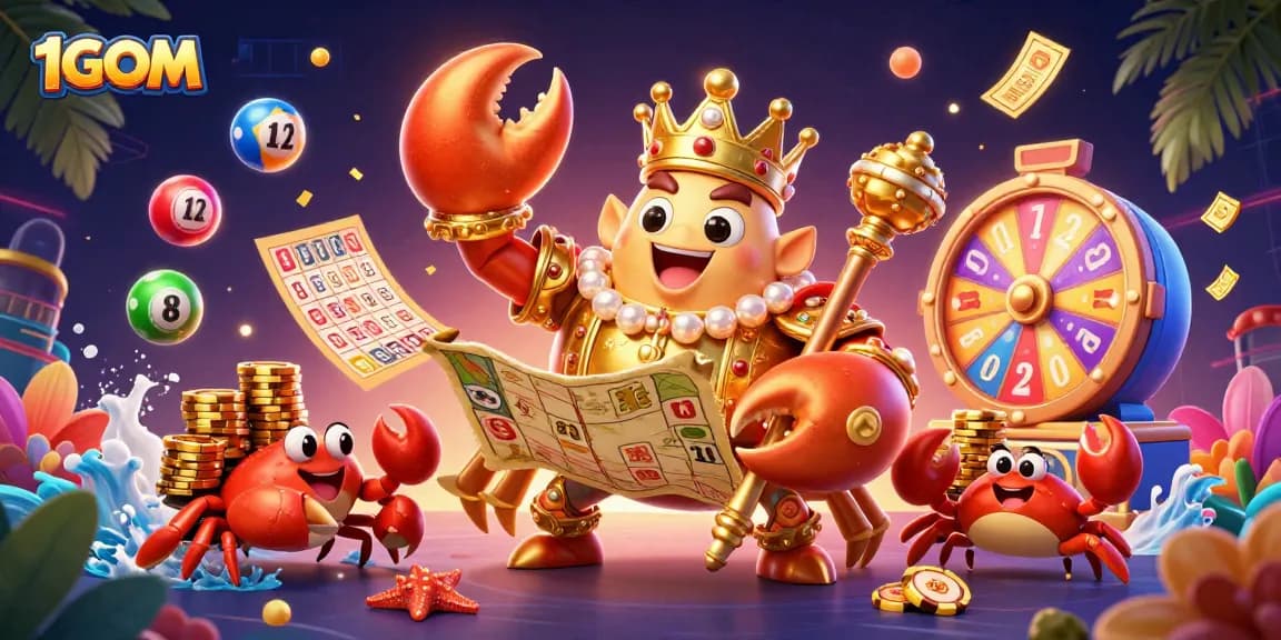 Experience the excitement of 1GOM with a stunning illustration of a golden crab emperor and vibrant gaming elements.