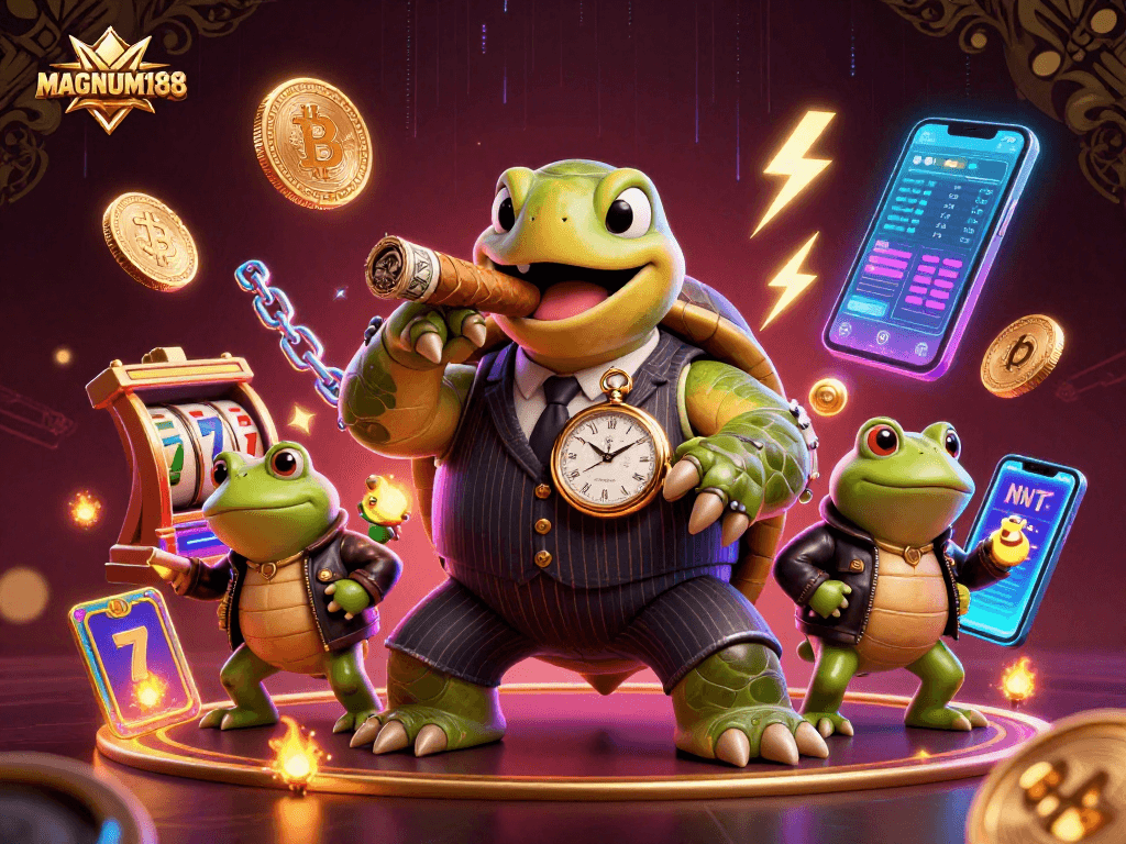 Spin the reels and win big with MAGNUM188, showcasing vibrant casino elements and characters in an exciting atmosphere.