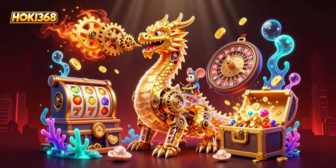 Experience HOKI368's thrilling gameplay with a golden dragon surrounded by vibrant slot reels and casino elements.