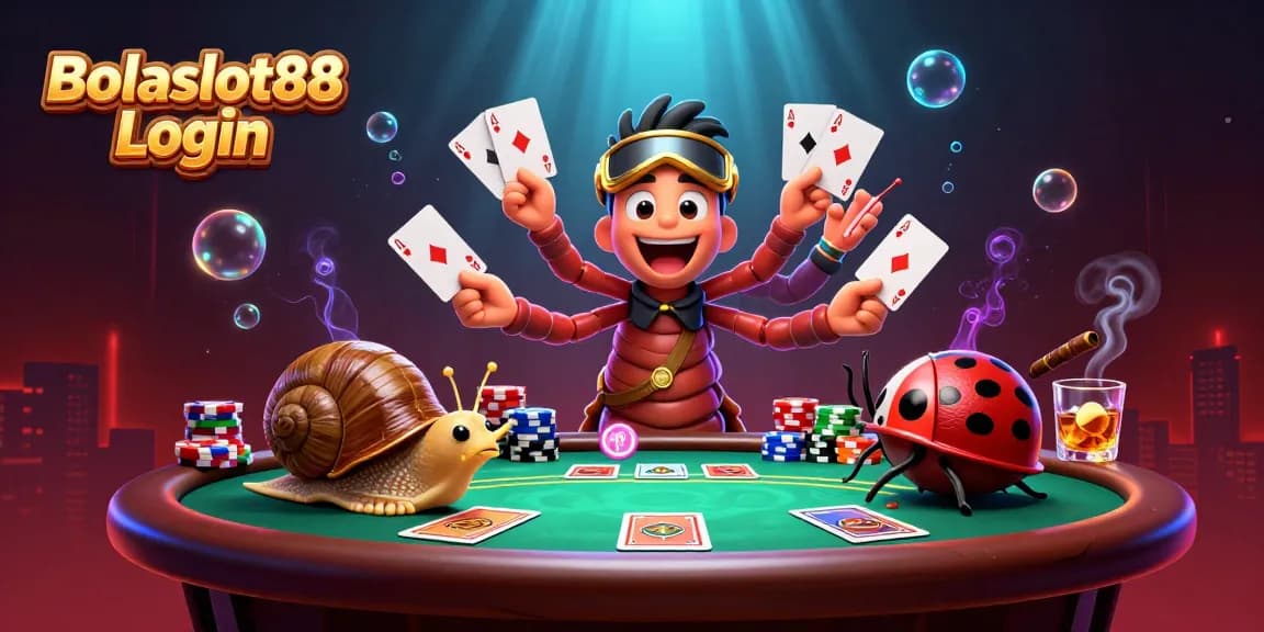Bolaslot88 Login introduces excitement with a lively 3D casino scene featuring vibrant characters and dynamic game elements.