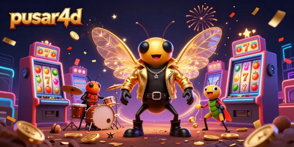 Win big with pusar4d in this vibrant casino-themed illustration featuring a rock star cicada and dynamic slot machines.