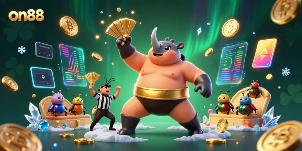 Experience vibrant excitement at on88 with a cartoon beetle sumo champion amidst floating coins and crypto elements.