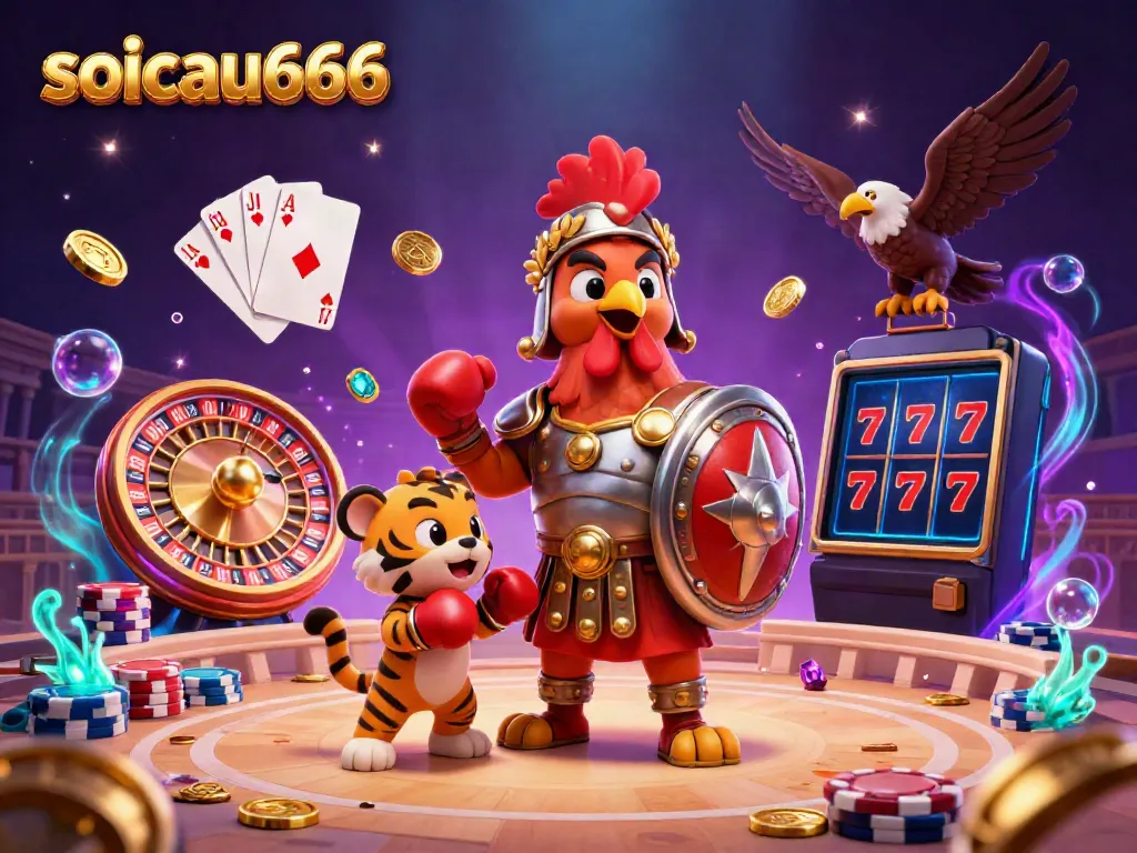 Experience thrilling casino action with soicau666's vibrant 3D illustration featuring engaging characters and dynamic game elements.