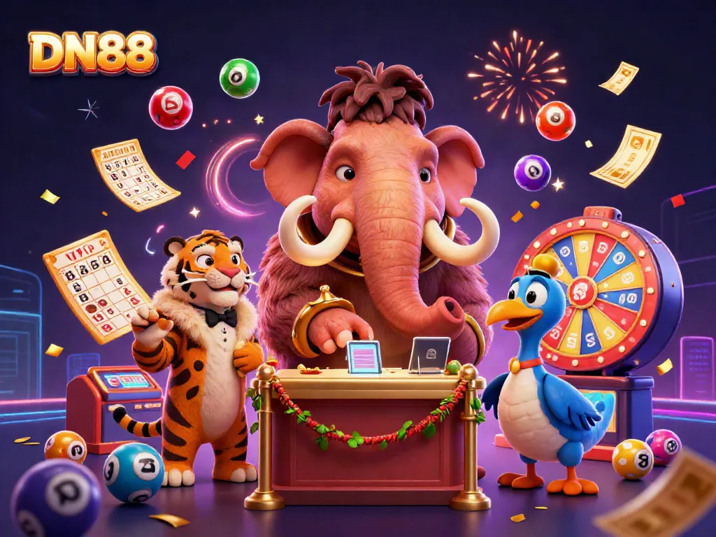 Experience thrilling excitement with DN88's vibrant casino scene featuring a mammoth bouncer welcoming guests.