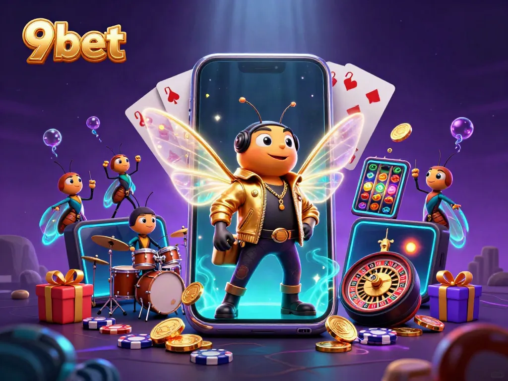 Engaging 3D scene showcasing the exciting world of 9bet with animated characters and casino elements.