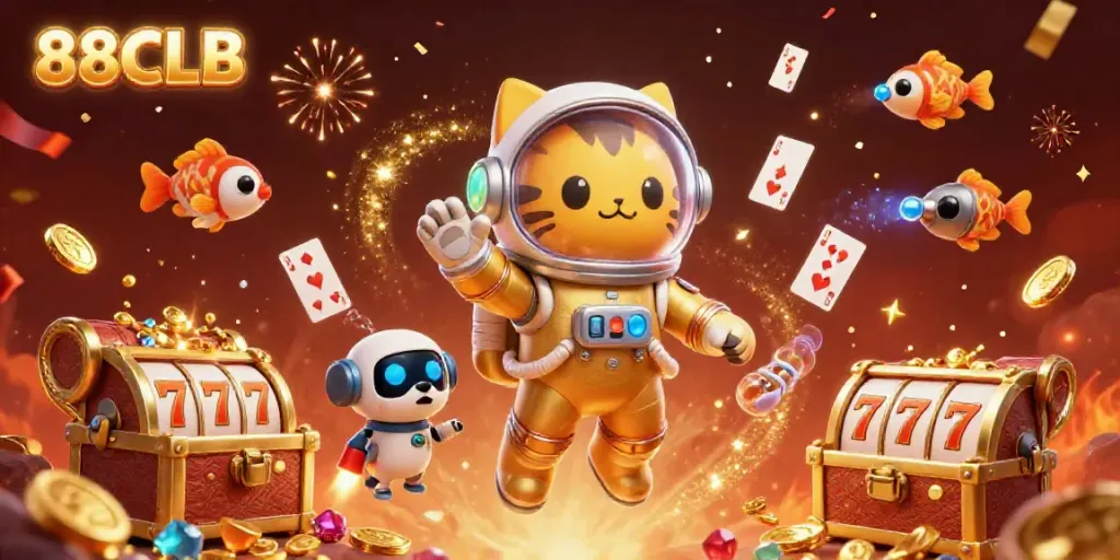 Join the excitement at 88CLB with a vibrant 3D illustration featuring a golden astronaut cat and treasures.