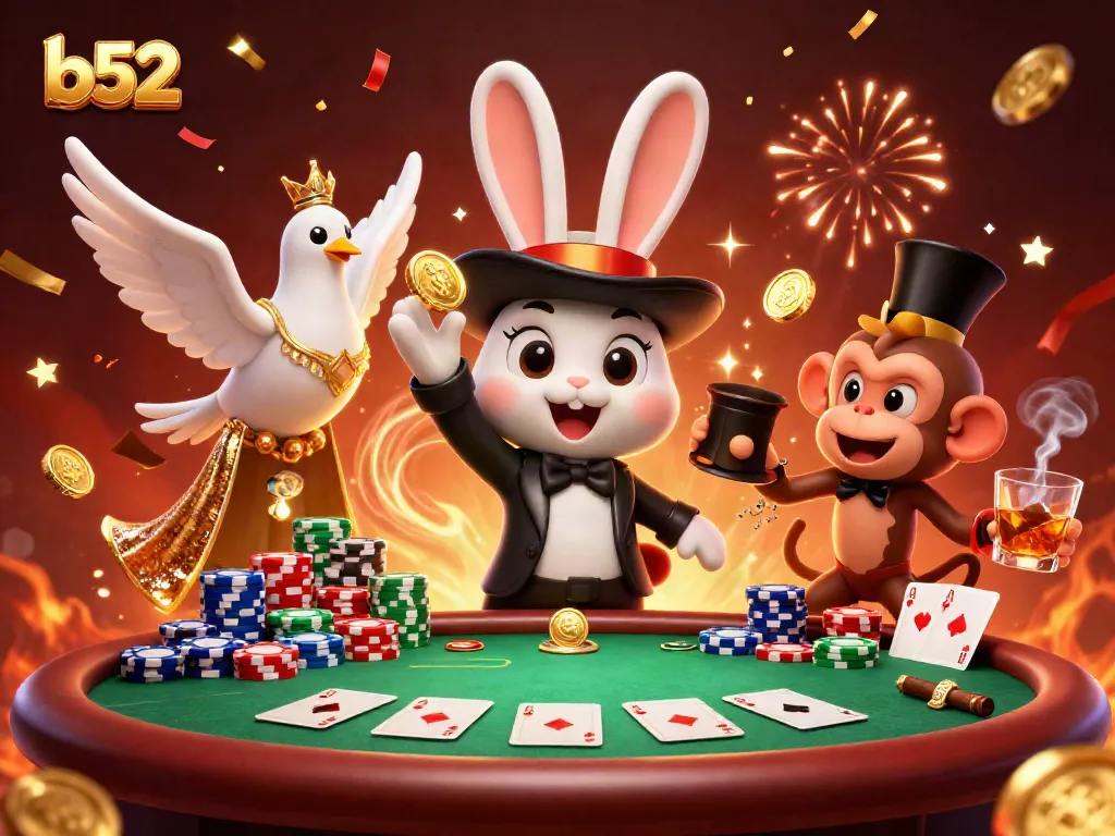 Engage with exciting b52 casino gameplay featuring a magician rabbit, poker chips, and gold coins.