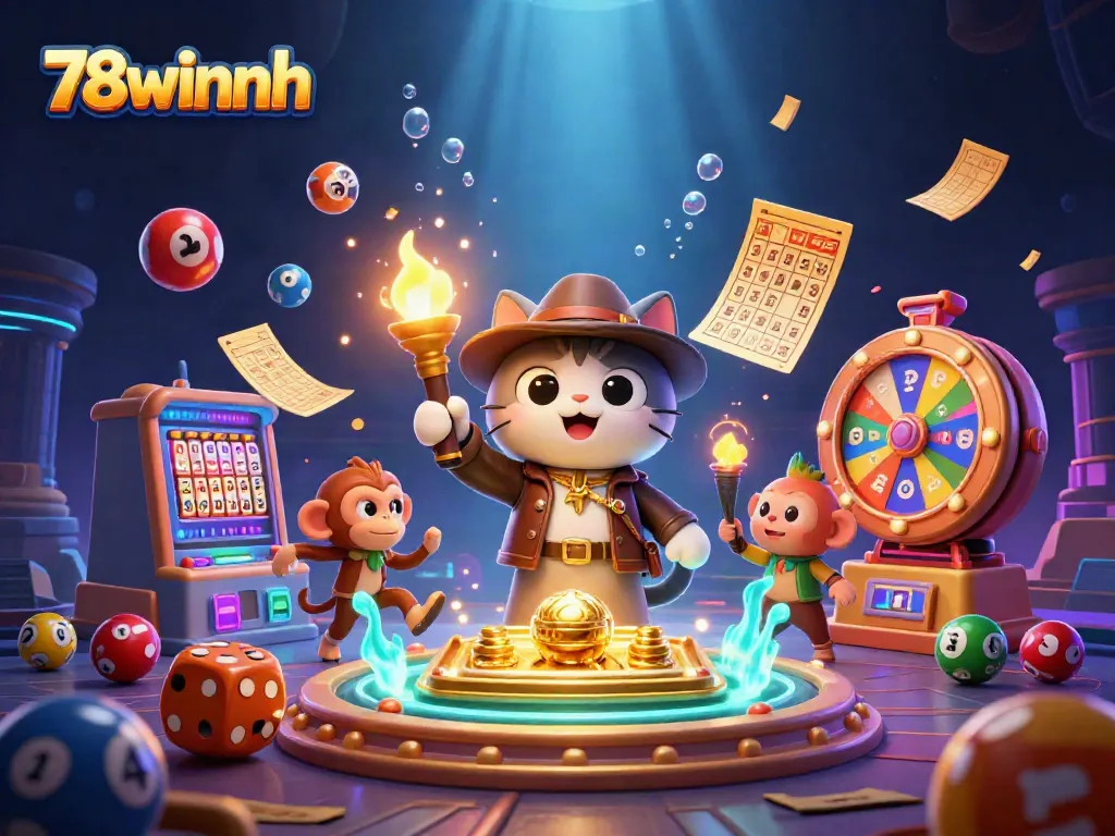 Engage in the thrill of 78winnh as a cartoon archaeologist cat discovers casino treasures amidst vibrant games.