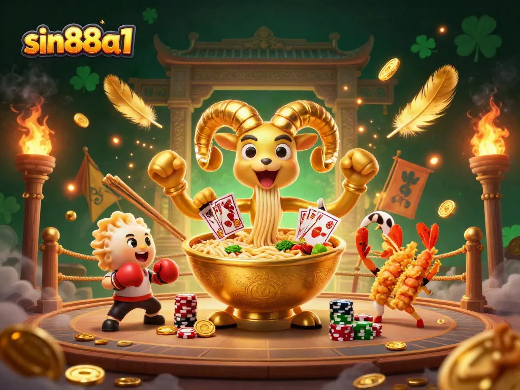 Experience thrilling moments with sin88a1 as a golden ramen bowl character deals cards in a vibrant casino.