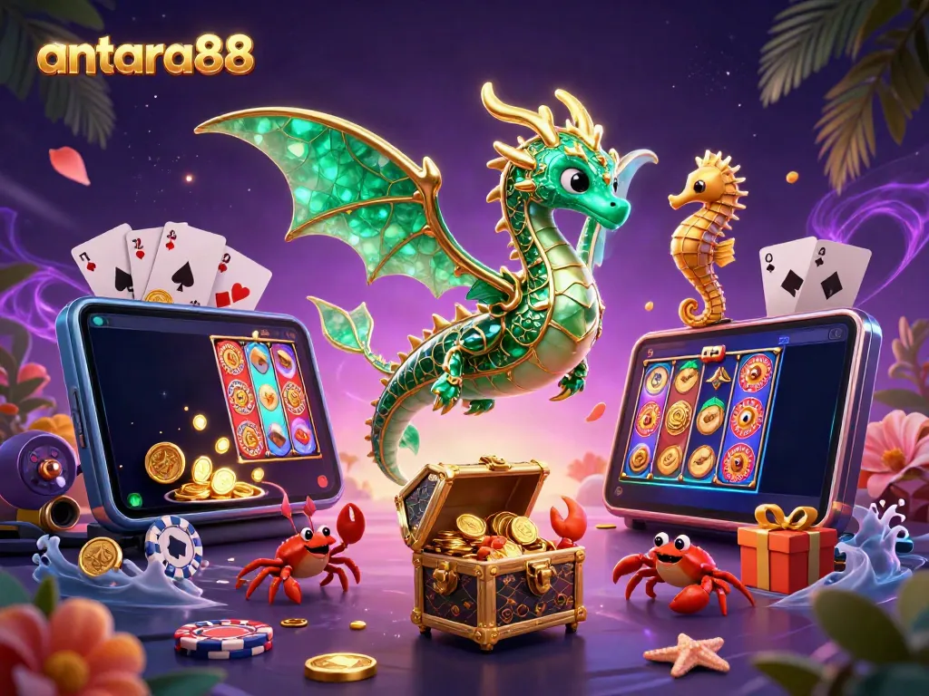 Experience vibrant entertainment with antara88's dynamic slot games featuring a sparkling sea dragon and treasure elements.