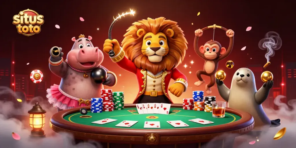 Engage with situs toto in a vibrant casino scene featuring a lively circus ensemble.