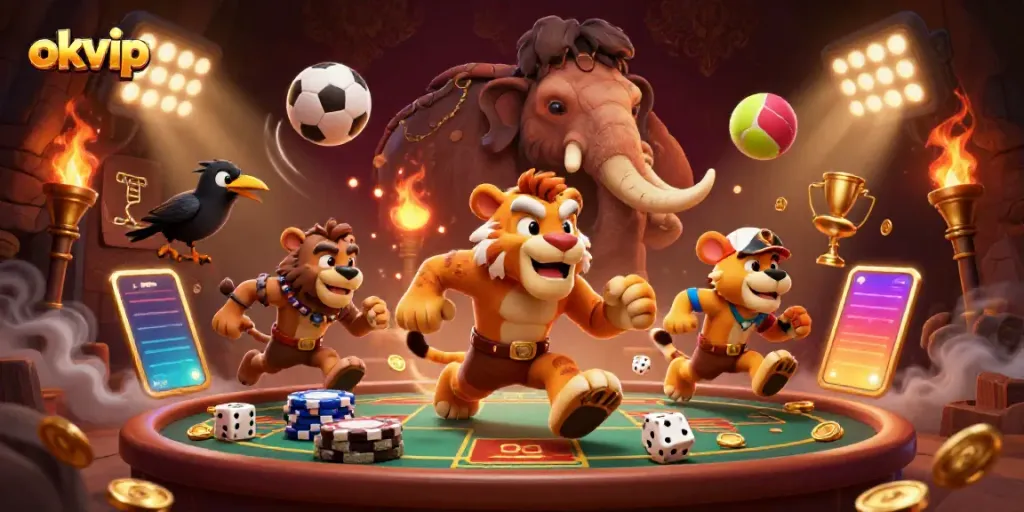 Experience the thrill of okvip gaming with a captivating 3D casino illustration featuring engaging characters and sports elements.