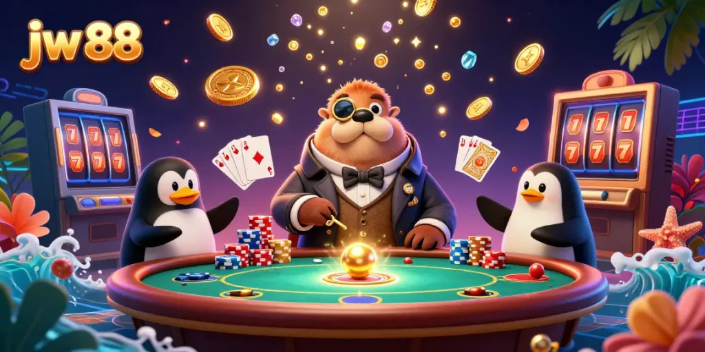 Engaging scene of jw 88 with a jolly walrus and penguin dealer at a lively poker game