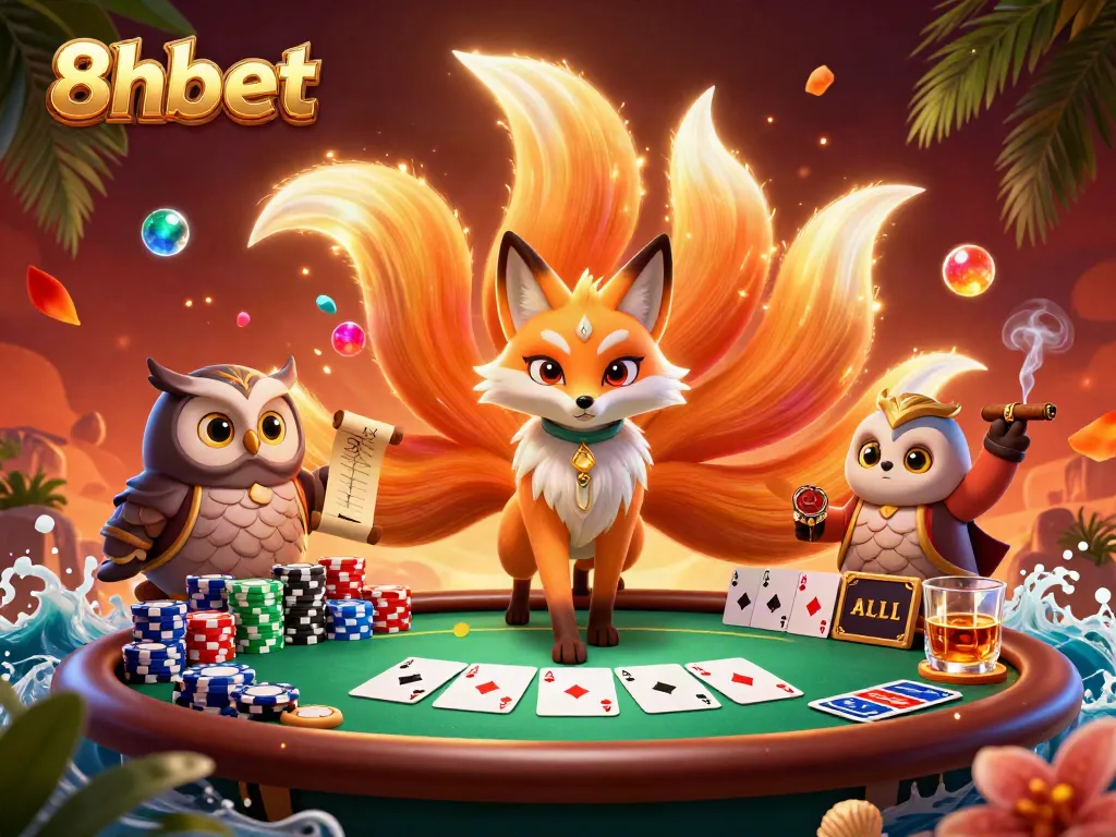 Engage in betting action with 8xbet's vibrant poker scene featuring mystical characters and rich casino elements.