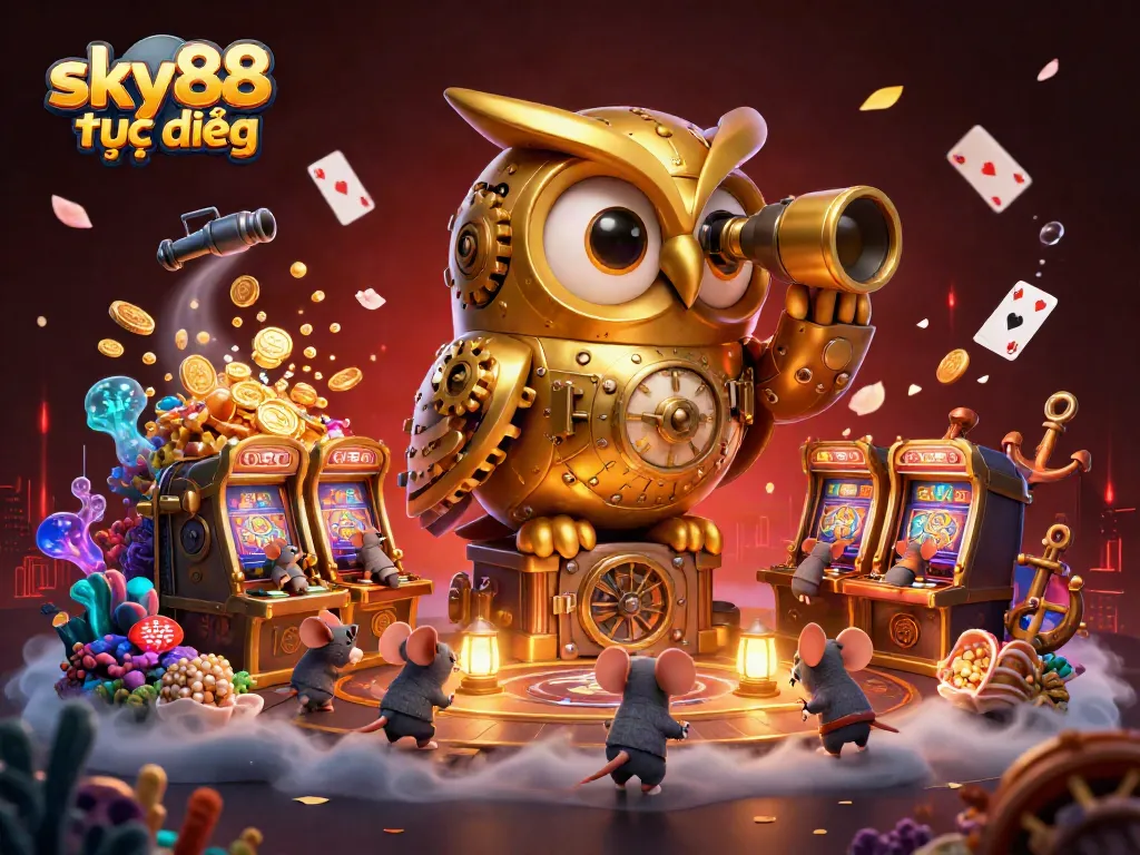 Experience the excitement of sky88 trực tiếp with vibrant casino action featuring a clockwork owl and lively game elements.