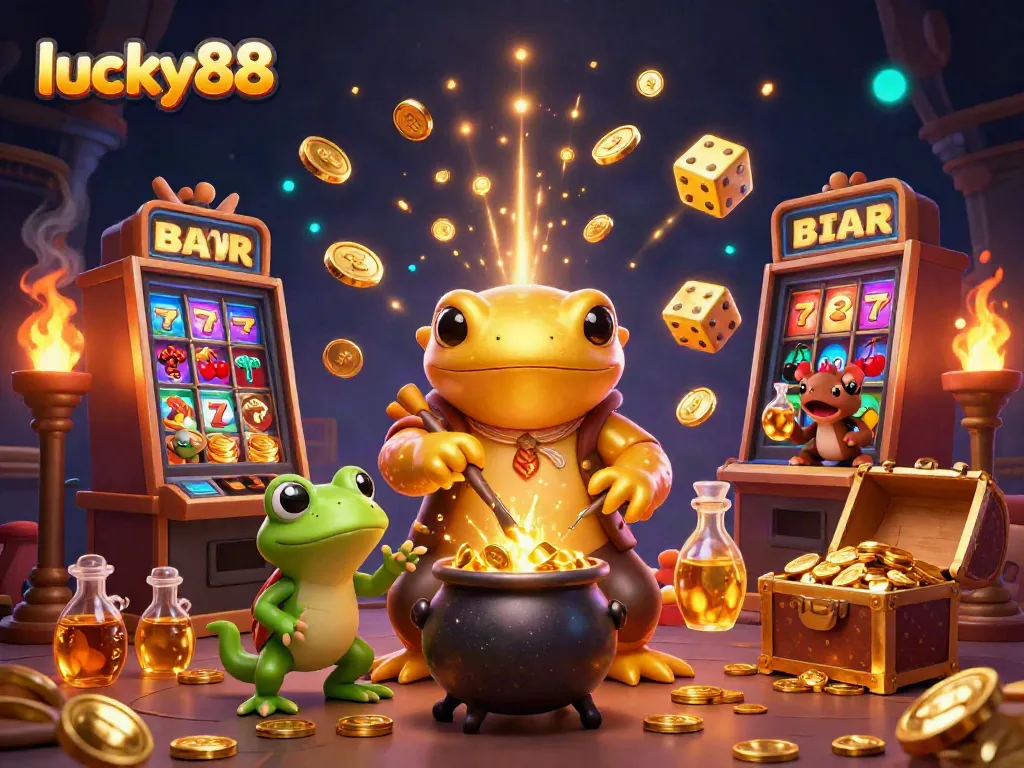 Experience luck with lucky88's vibrant casino scene featuring a golden salamander alchemist amidst magical riches.