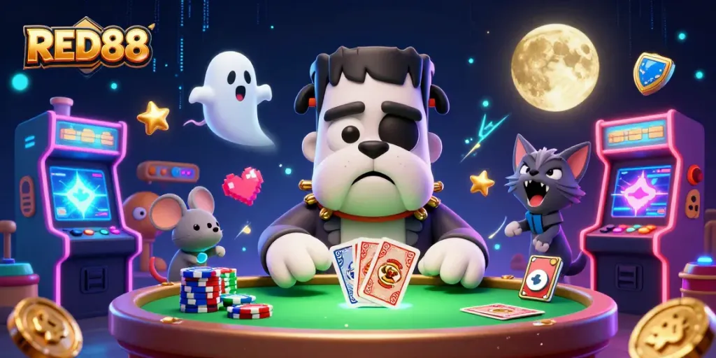 Deal cards with RED88 at a spooky table featuring a Frankenstein bulldog and ghost mouse in a lively casino scene.