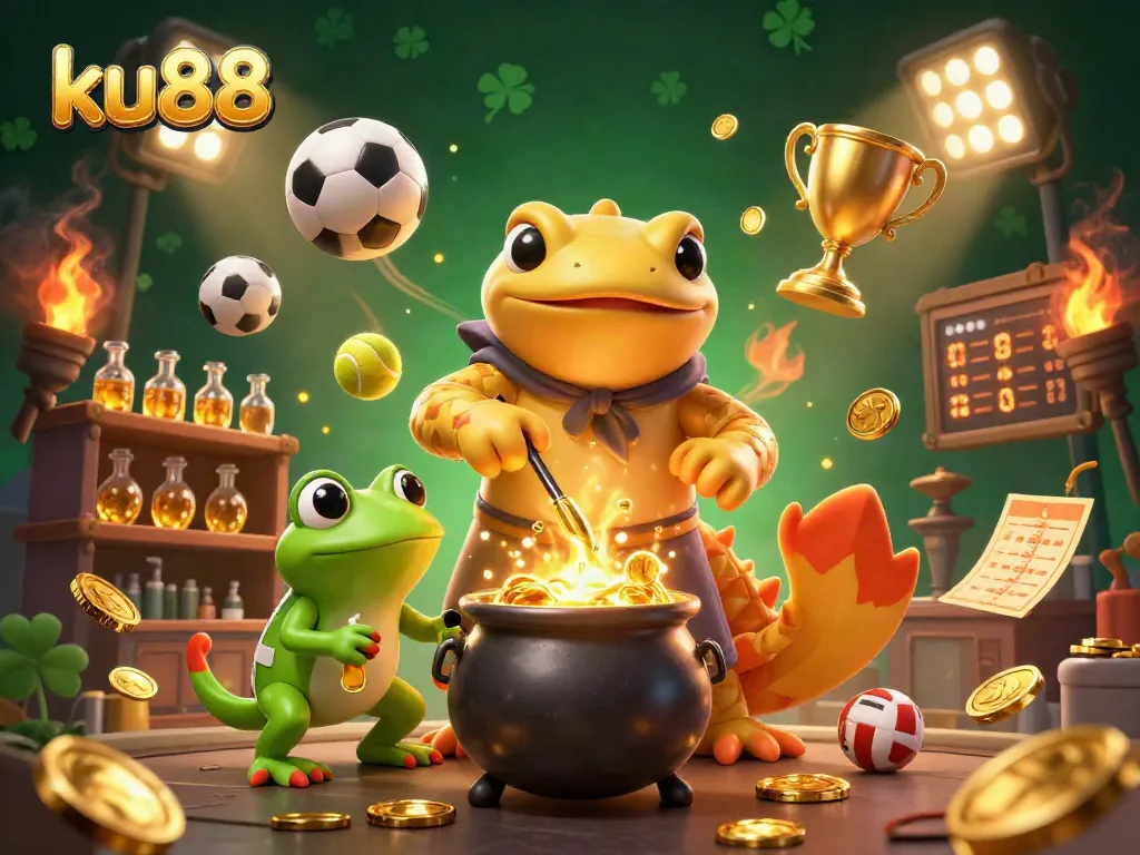 ku88 alchemist turning base metals into gold coins surrounded by sports betting elements in a vibrant casino scene
