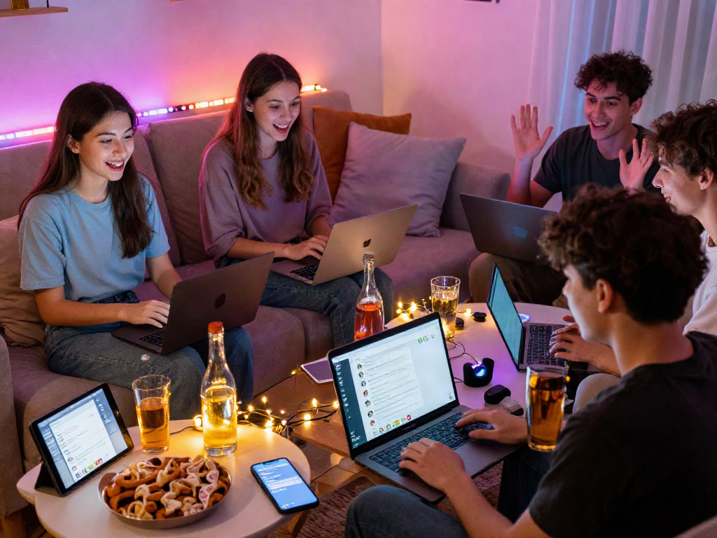 Engaging scene of young adults in nsfw chat video call, vibrant atmosphere with tech gadgets and cozy setting.
