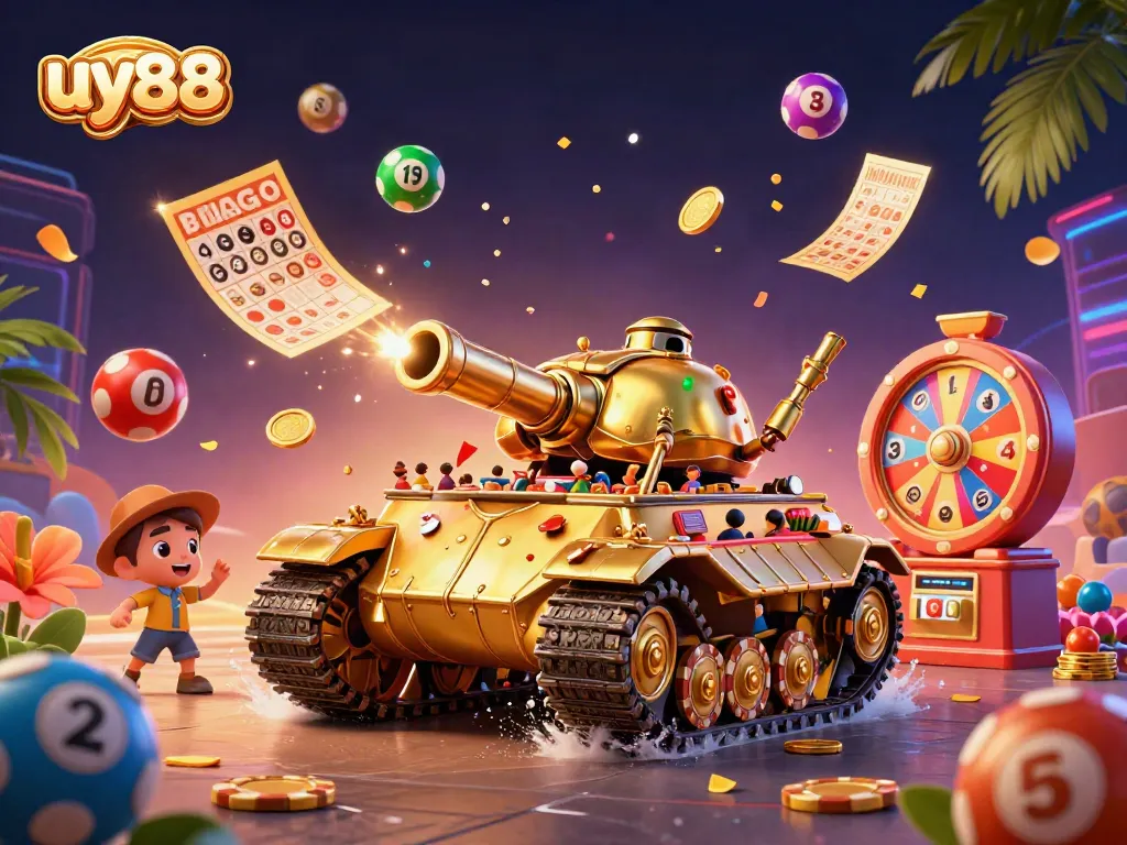 Experience thrilling gameplay at uy88 with vibrant lottery elements and a golden beetle tank casino.