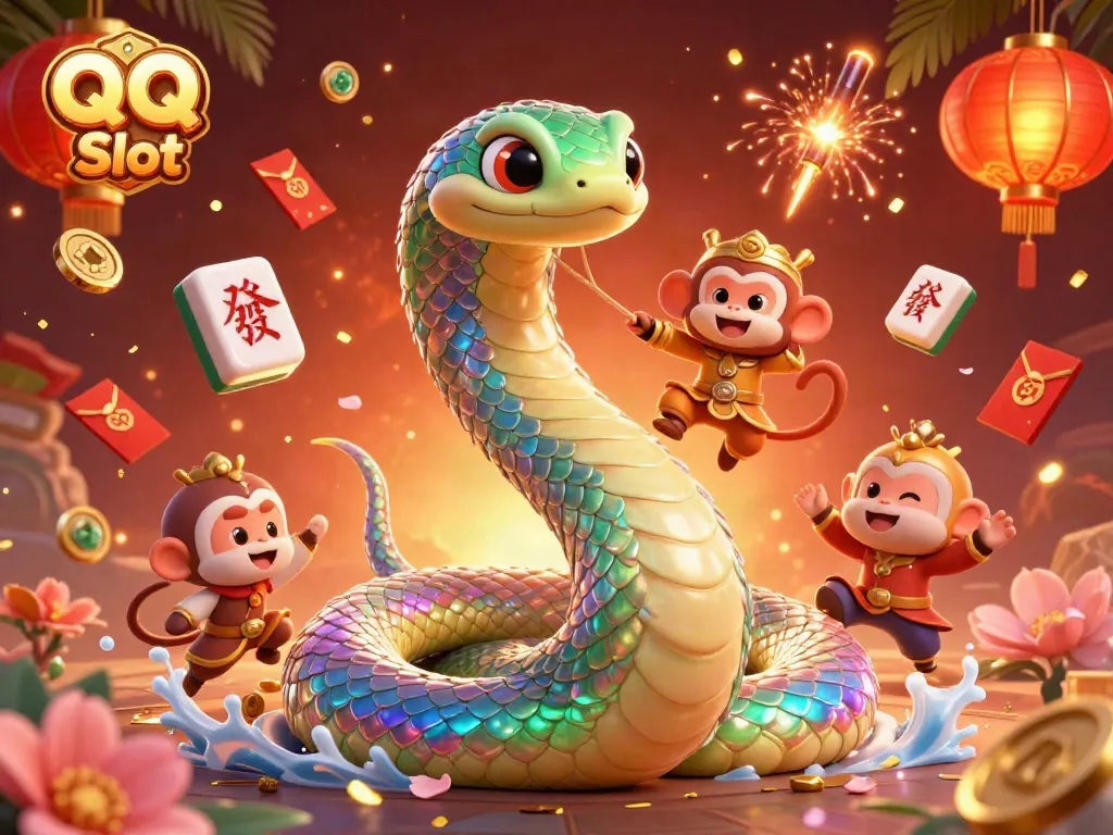 Experience the vibrant QQ Slot universe with a colorful serpent and playful characters in a dynamic casino setting.