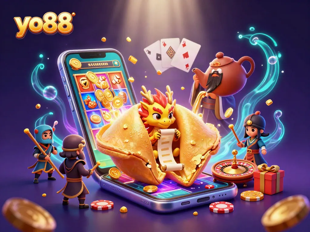Experience thrill with yo88 as the golden fortune cookie reveals treasures, surrounded by vibrant casino elements.