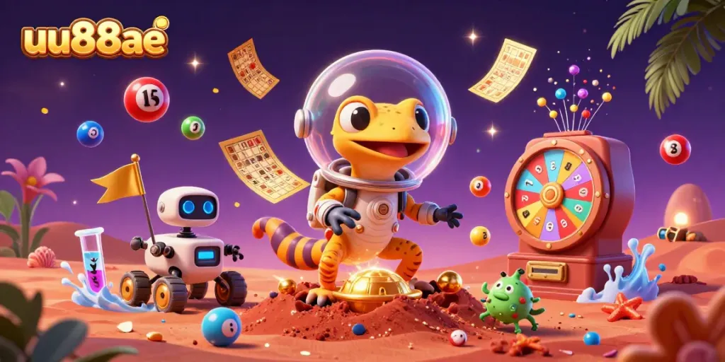 Experience excitement at uu88ae with vibrant lottery games and a Martian gecko in a golden casino!
