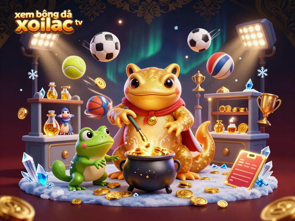 Xem bóng đá Xoilac TV with golden salamander alchemist and vibrant sports elements in a rich 3D illustration.