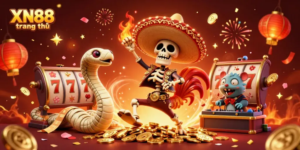 Celebrate wins at XN88 trang chủ with a vibrant 3D illustration of a mariachi rooster and casino elements.