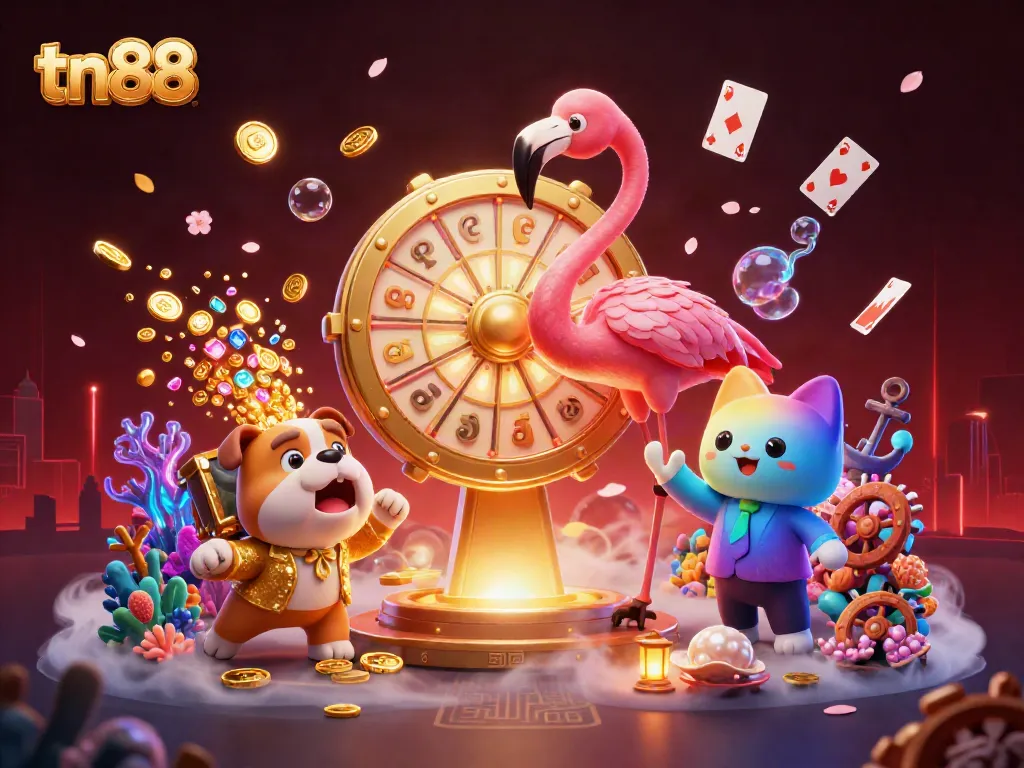Celebrate wins at tn88 with a vibrant scene featuring a flamingo game show host, bulldog contestant, and sparkling treasures.