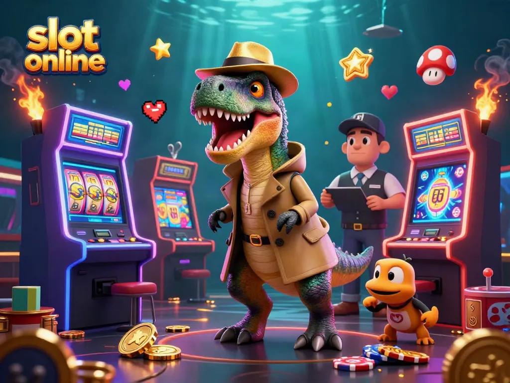 Spin slot online reels amid curious characters in vibrant casino illustration.