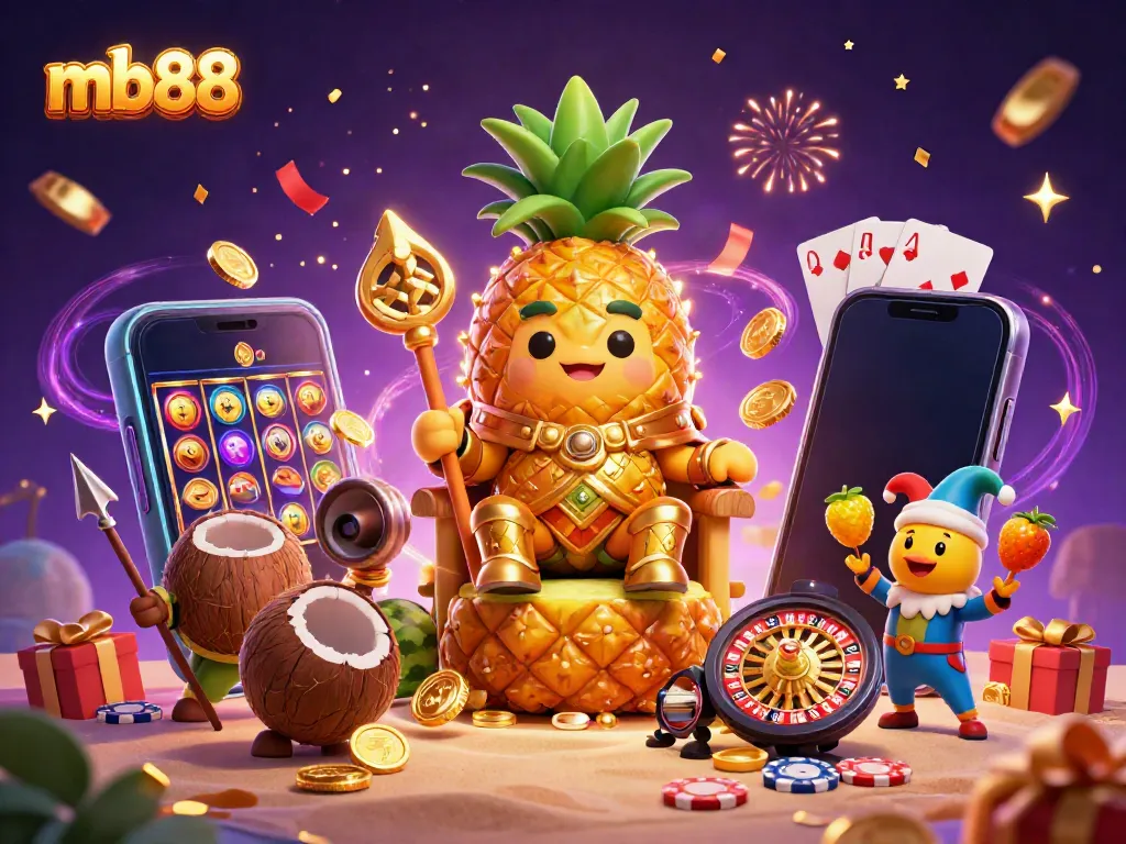 Celebrate wins with mb88 in a vibrant casino scene featuring a tropical king and his jester, surrounded by slot games.