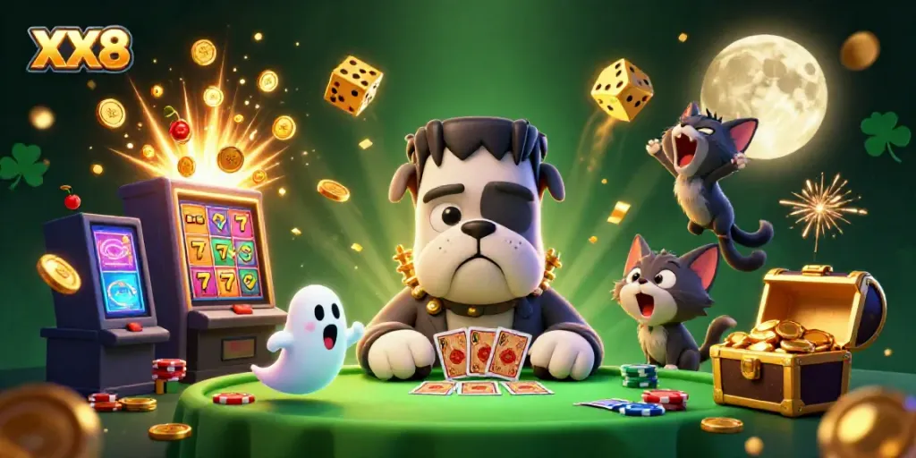 Live play with XX8's eerie casino scene, featuring 3D characters and slot machine action.