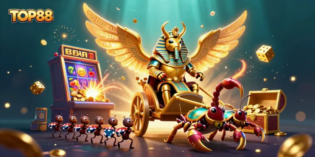 Experience thrilling gameplay with TOP88 as golden scarabs and jewels explode in a vibrant casino scene.