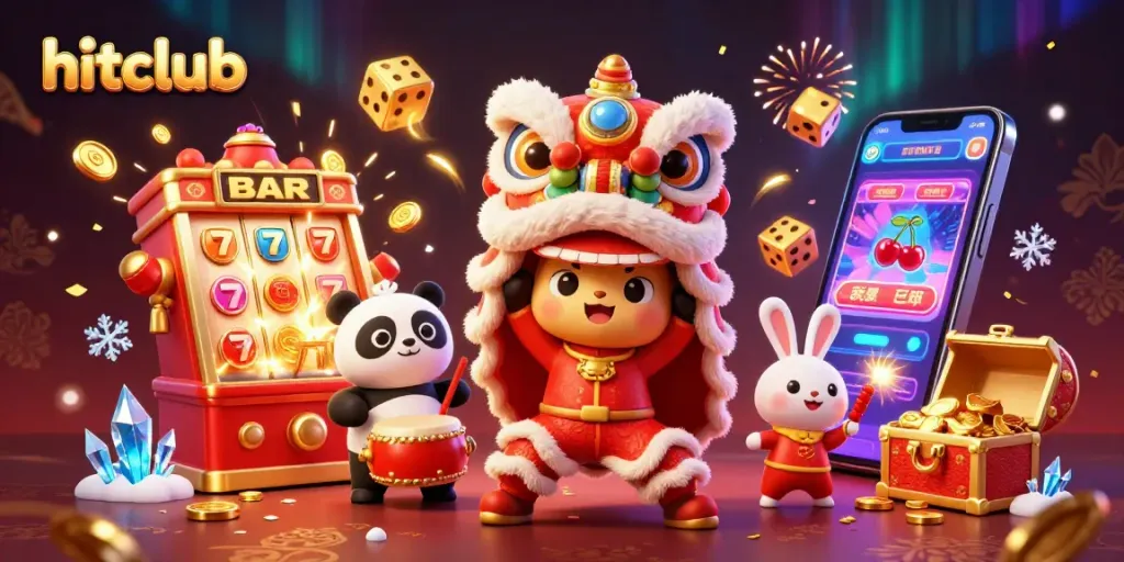 Hitclub showcases an exciting lion dance with lucky symbols and overflowing treasure, perfect for casino enthusiasts.