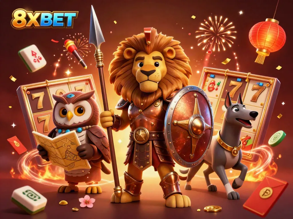 Experience the excitement of 8XBET casino with dynamic characters and gaming elements in an engaging illustration.