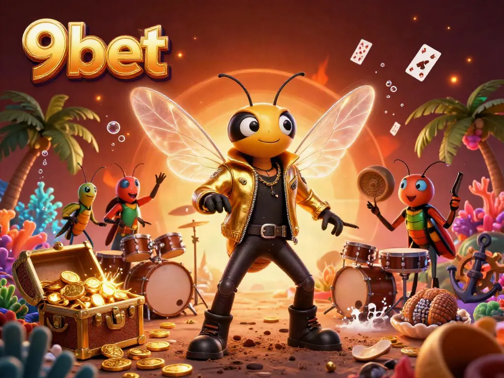 Illustration of the energetic 9bet casino scene featuring a rock star cicada and vibrant game elements.