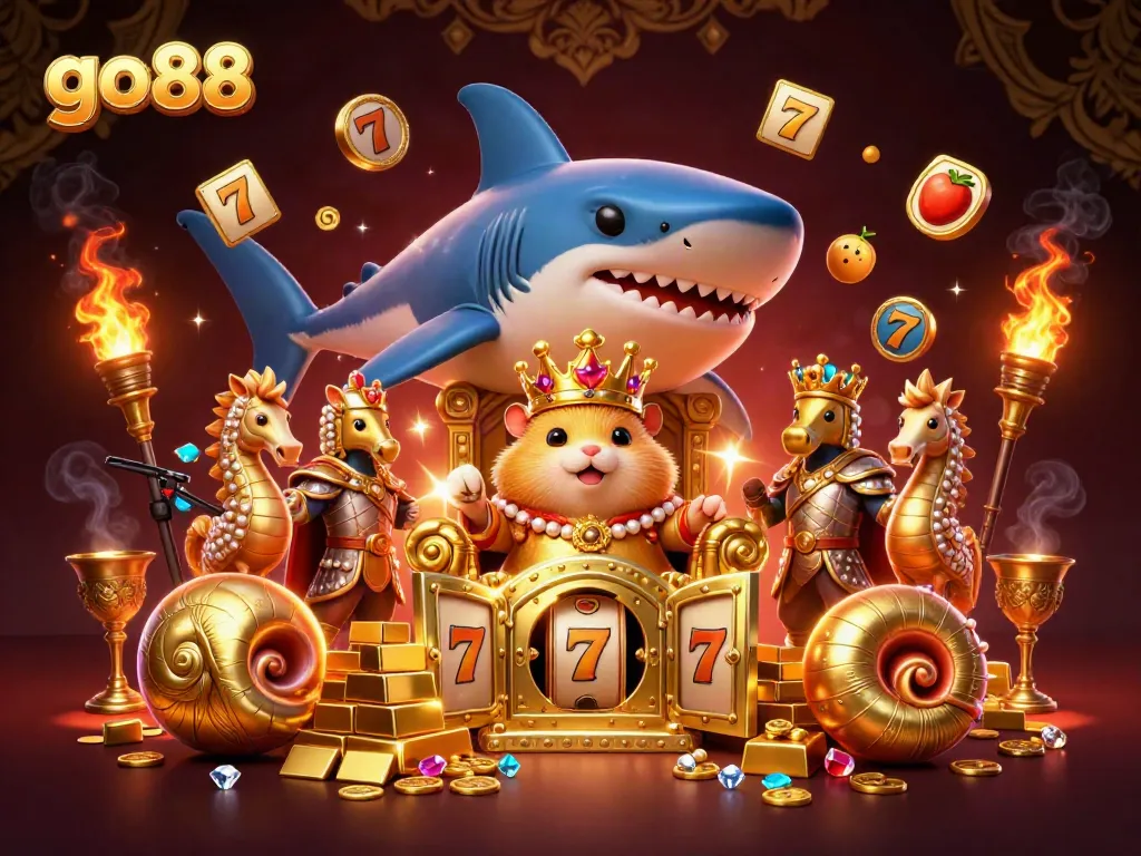 Engage with go88's vibrant online gaming environment featuring a majestic hamster king and treasure.