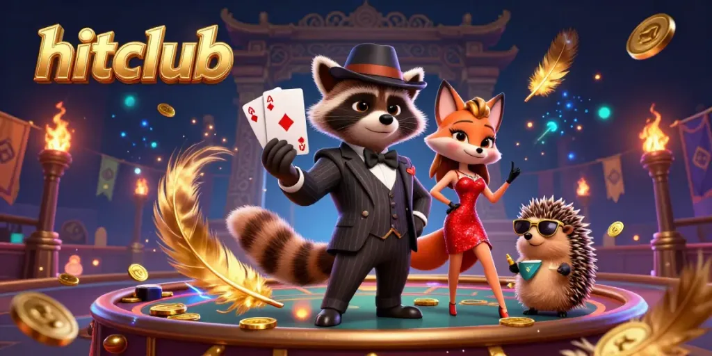 Join the action at hitclub with a raccoon holding a royal flush amidst golden coins and vibrant casino scenery.