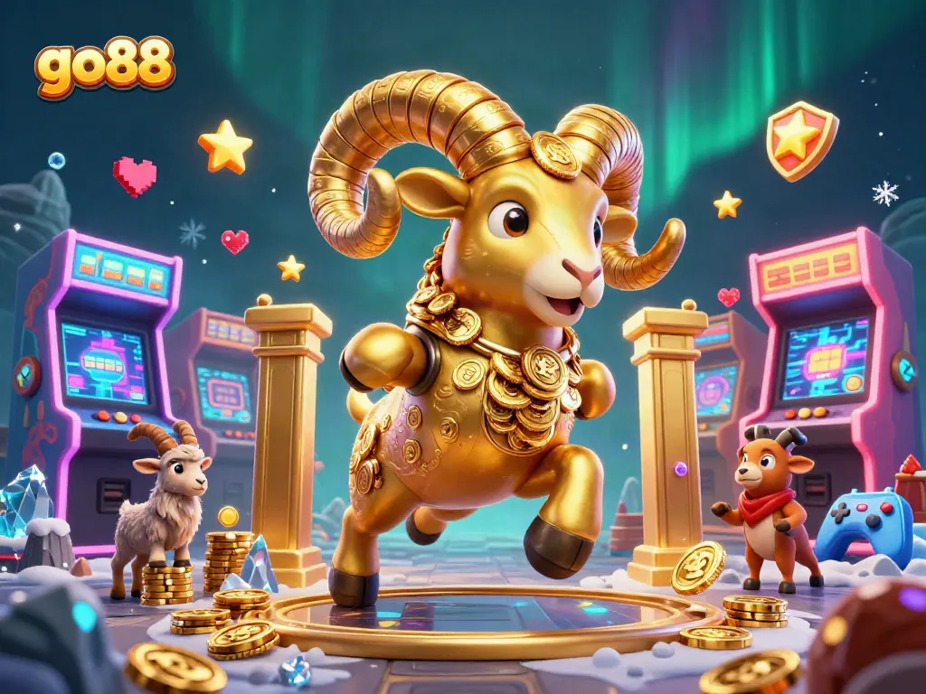 Experience thrilling gaming action with go88 at a vibrant 3D casino featuring golden ram and arcade games.