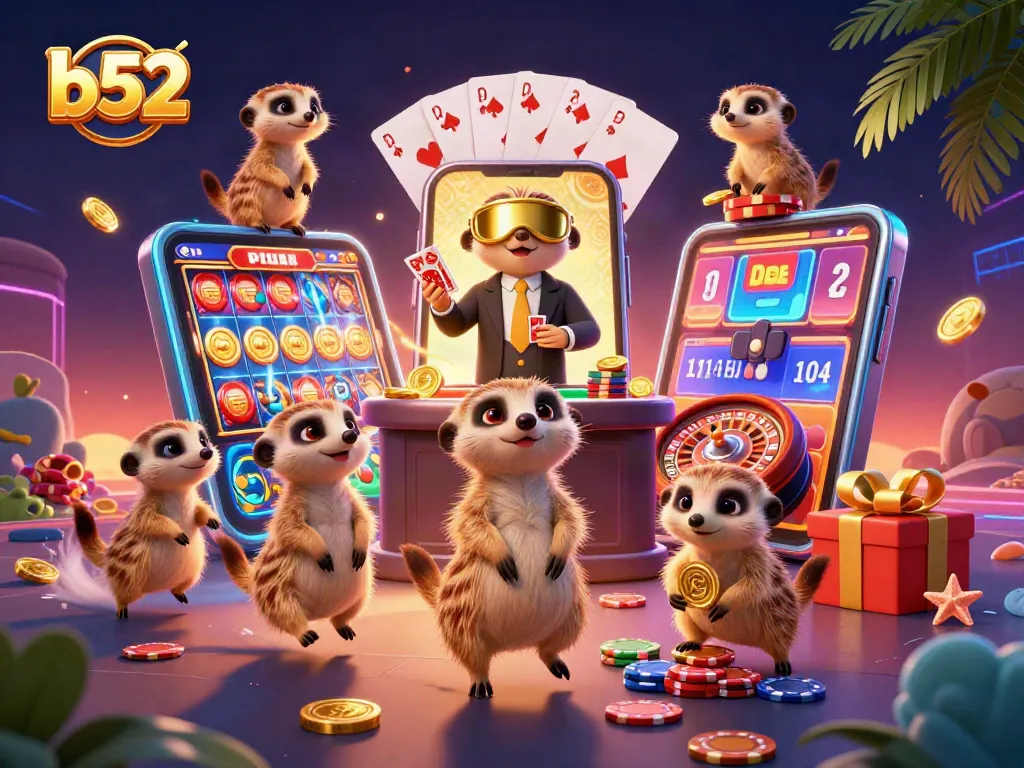Experience the excitement of b52 gaming with meerkats in a vibrant casino scene.